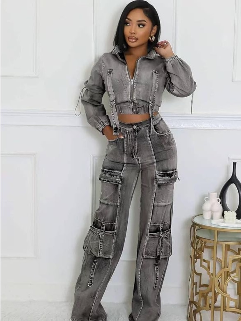 Cargo Denim Crop Top Set